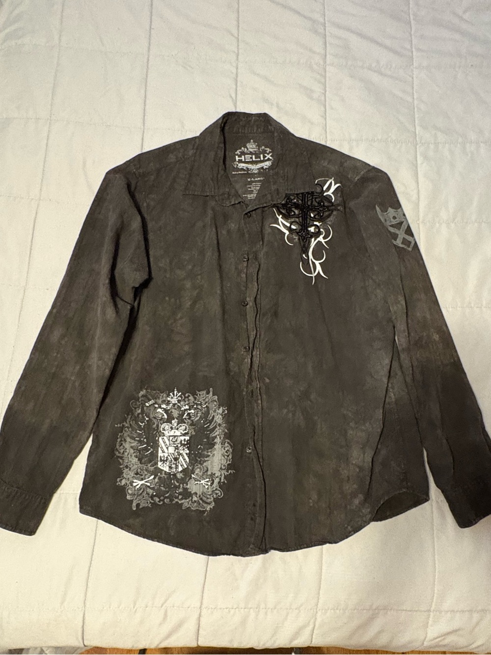 Helix Black Graphic Button-Down Shirt Jacket with Crest Accents